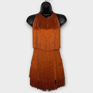 Orange Tied Backless Layered Fringe Halter Dress Size Large
